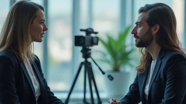 Professional corporate interview setup with two speakers